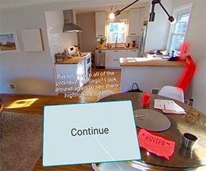 A scene from Walden University's social work virtual reality experience. It shows the interior of a house and asks the view to look for potential red flags.