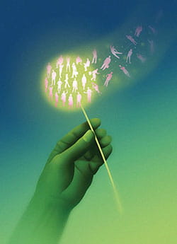 Conceptual illustratoin of a hand holding a dandelion that has gone to seed. Silhouetted figures are within the seed head and being floated away on the wind.