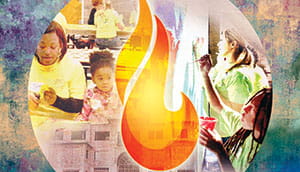 Illustration of a flame and children and adults learning.