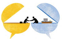 Illustration of two though balloons. The ballons have opened up and two people inside are shaking hands across the side by side baloons.Illustration credit: Mike Austin.