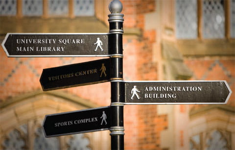 Directional sign post pointing to: 'University Square Main Library, Administration Building, and Sports Complex.'