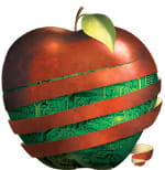 Illustration of an apple partially peeled. A computer circuit board is revealed behind the peels.
