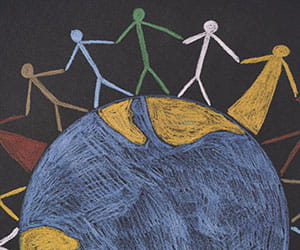 Conceptual illustration of the earth with stick figure people.