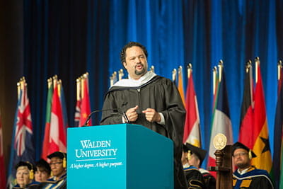 Speaker at the podium at commencement.