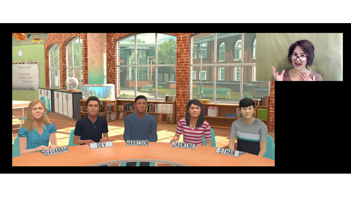 Screen shot of Walden's simulation software showing an illustration of a teacher and five students.
