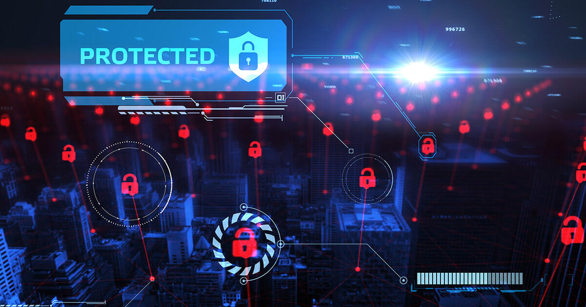 Cybersecurity concept - a cityscape with red locks over the top and the word "protected."